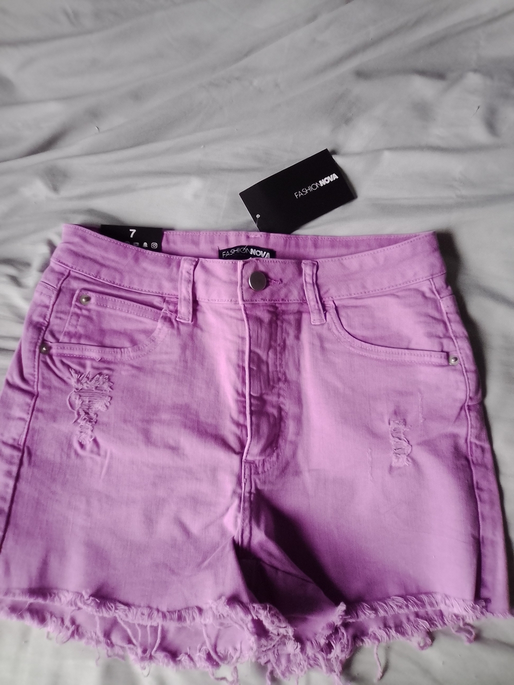 Fashion Nova Lavender Distressed High-Rise Denim Shorts